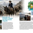 Links oben steht "Seine Sammlungsstücke brachte Humboldt auf Maultier-Rücken gepackt mit." In der Mitte: "Alexander von Humboldt „erfindet“ das Klima und die Geografie". Rechts im blauen Kasten: "Unter Quälgeistern". Ganz unten links in einem Bild: "Humboldts fertigte genaue Zeichnungen der Tiere und Pflanzen an, die er entdeckte." Unten rechts: "Humboldt und Bonpland begutachten eine exotische Pflanze. Im Hintergrund der Chimborazo." Illustration mit Enten oben rechts, Männer auf Maultieren im Gebirge zentral.