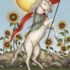 Illustration mit Texten "XIX" und "Die Sonne". Ein Pferd mit rotem Banner vor Sonne und Sonnenblumen.