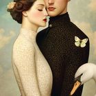 VI • Die Liebenden. Ein elegantes Paar umarmt sich, beide mit geschlossenen Augen, der Mann trägt einen floralen Hut.