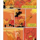 "Morgengrauen", "Sukkk", Comicszene mit Dinosauriern in oranger Landschaft, Pflanzen und Duft wahrnehmend.