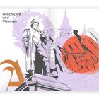 "1 Geschichte und Visionen" oben links, Illustration einer Statue, Architektur, ein roter Kreis mit Gebäuden im Hintergrund.