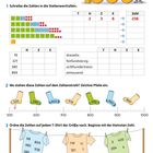 Zahlenraum bis 1000. Aufgaben zu Stellenwerten, Zahlenstrahl und Zahlenordnung auf T-Shirts. Farben symbolisieren Werte.