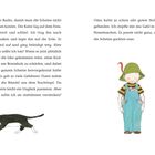 Zwei Textabsätze: Jemand versteckt Geldscheine; Katze und Junge mit grünem Hut, gestreiftem Shirt, blauer Latzhose gezeichnet.