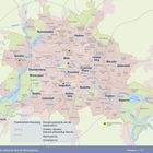 Berlin, Übersicht über die Bezirksgrenzen. Karte zeigt Bezirke mit Namen und Grenzen, Flüsse, Seen, Autobahnen.