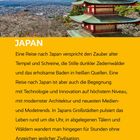 Text: Japan. Eine Reise nach Japan verspricht den Zauber alter Tempel und Schreine [...] Erkundung dieses faszinierenden Landes.  
Illustration: Eine Pagode vor einem schneebedeckten Berg unter blauem Himmel.