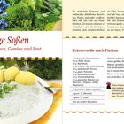 "Würzige Soßen zu Fleisch, Wurst, Fisch, Gemüse und Brot." 
Rezepttitel: "Kräutersoße nach Platina." 
Eier und Soße auf Teller, Kräuter im Hintergrund.