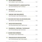 Inhaltsverzeichnis mit Titeln wie "Alles über Gurken", "MUSEALES", "PREUSSISCHE GESCHICHTEN" und zugehörigen Seitenzahlen.