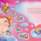 Text: „Wir sind bald klein, bald riesengroß – gemeinsam sind wir grenzenlos. Wir können hoch zum Himmel fliegen, auf watteweichen Wolken liegen.“ Illustration: Zwei Kinder auf Wolken; eines mit Flügeln, umgeben von Gebäuden.