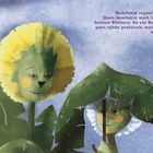 Ein Löwenzahn mit gelber Mähne und rotem Gesicht schützt eine kleinere Figur mit einem Blatt vor Regen.