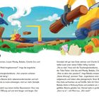 **Der Tamburwald**

Auf der Donnerinsel angekommen, trauen Mandy, Bakabu, Charlie Gru und Mimi Lou ihren Augen nicht.

Illustration: Ein blauer Vogel schaut auf eine Baustelle mit Baumstümpfen und einem Schiff. Ein gelber Bagger trägt Holzstämme.
