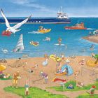 Ein großes Containerschiff mit der Aufschrift "WILSON" auf dem Meer, viele Menschen am Strand beim Spielen und Entspannen.