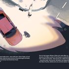 Text: "Aber die Welt - Mama hatte recht - kann wild sein... Dann – nichts mehr." Eine Straße, ein rotes Auto, ein Hund und eine Krähe.