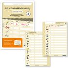 "Ich schreibe Wörter richtig" oben, mit "Dreisilbige Wörter" darunter. Drei Blätter mit Bildern und Text für Lernzwecke.