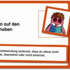 Text: "Tomaten auf den Augen haben. Diese Redewendung bedeutet, dass du etwas nicht bemerkst, übersiehst oder nicht erkennst."  
Illustrationen eines Jungen mit Tomaten vor den Augen und eines Pfaus.