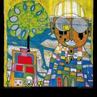 Kalenderblatt für März 2027, unten Zahlen 1 bis 31. Oben Gemälde in leuchtenden Farben mit Gebäuden und einer Person.