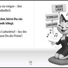 Texte: "Muschi" Ausdruck ihrer Signale. Illustration: Kater mit Schildern „SCHNELLER“, „LANGSAMER“, Musiknoten um ihn herum.