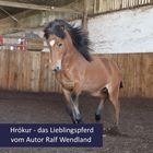 Text: "Hròkur - das Lieblingspferd vom Autor Ralf Wendland." Ein braunes Pferd läuft in einer Reithalle.