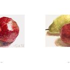 Links "HLoe 98", ein Granatapfel. Rechts "HLoe 98", ein Granatapfel mit Birne. Aquarelle.