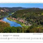 Kalenderblatt März mit Feiertagen. Landschaft mit Fluss, Hügeln und Stadt Wehlen an der Elbe.