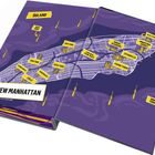 Eine Karte zeigt „New Manhattan“ mit Bereichen wie „Zitadelle“, „Industriegebiet“ und „Wach Türme“. Gelbe Pfeile markieren Orte.