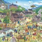 Eine farbenfrohe Illustration eines belebten mittelalterlichen Dorfs mit vielen Tieren, Menschen und einer Burg im Hintergrund.