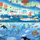 Eine bunte Illustration einer Polarlandschaft mit Heißluftballons, Schiffen, Tieren, einem Zeppelin und Unterwasserwelt.