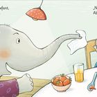 Ein Elefant mit Lappen läuft zu einer Maus. Tisch mit Spaghetti, Erdbeeren, Saft. Maus protestiert lautstark. Illustration.