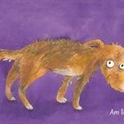 „Kannst du sie Otto schön hinlegen? Am liebsten vor sein Bett.“ Ein Hund steht neben einem gefalteten Stoffhaufen.