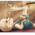 Kasimir und der kleine Vogel reden und lachen miteinander... Illustration eines Hasen mit einem Vogel auf dem Fuß und Popcorn.