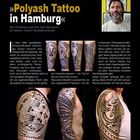 "Polyash Tattoo in Hamburg" - beeindruckende Präzision. Bilder von Polynesischen Tattoos und ein Porträt eines Mannes.