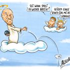 Illustration: Ein älterer Mann mit Heiligenschein wirft eine Boccia-Kugel von einer Wolke. Engel beobachten, ein Schrei ertönt.