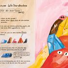 Fragen zum Weiterdenken für die Leser*innen. Illustration von bunten, lächelnden Steinen auf rosa Hintergrund.