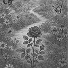 Eine Rose steht im Zentrum eines blühenden Gartens, umgeben von Schmetterlingen und Bienen. Ein Pfad führt nach hinten.