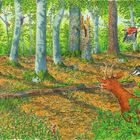 Illustration eines Waldes mit Tieren: Ein Reh, Vögel, ein Dachs und anderes Wild in üppigem, grünem Laub.