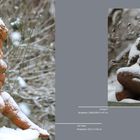 „Ereignis“ Terrakotta 2008/2009 H 87 cm, „Am Platz“ Terrakotta 2015 H 40 cm. Zwei mit Schnee bedeckte Skulpturen.