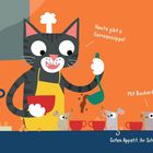 Eine Illustration: Eine Katze kocht Gemüsesuppe, spricht mit Mäusen: "Heute gibt's Gemüsesuppe!", "Mit Backerbsen." "Guten Appetit, ihr Schmausekatzen!"