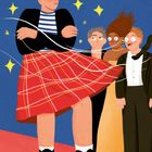 Eine Illustration zeigt eine Person im Kilt, umgeben von erstaunten Menschen vor einem blauen Hintergrund mit Sternen.
