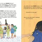 Texte: Friseurinnen bieten Braids und Beads an. Mädchen wählt gelbe Perle. 
Illustration: Gruppe bei Friseurbesuch, Hände flechten.