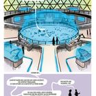 Illustration eines futuristischen Labors mit Personen, Balkonen und Artefakten. Texte beschreiben eine Entdeckung.