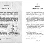 Auf der linken Seite steht "ANHANG 11 BAUMGEISTER". Darunter wird über Baumgeister geschrieben, die die Jahreszeiten repräsentieren. Eine Illustration zeigt eine Pflanze mit Gesicht. Rechts ist "KAPITEL 12 Der Insanis-Forst". Ein Dialog beschreibt eine Diskussion über verlorene Orte. 