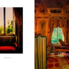 Links: "Villa Malfitano, Palermo", Blick aus Fenster auf Garten. Rechts: reich verziertes Zimmer mit Vorhängen und Cembalo.