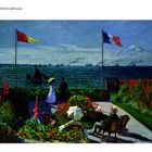 Texte: "Die Terrasse von Sainte-Adresse", "2867".  
Ein Gemälde mit Menschen in einem blühenden Garten am Meer.