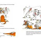 Texte: Der Fuchs schnappte sich Trudi. Vindaloo setzte zum Gegenangriff an. Illustrationen zeigen aufgeregte Hühner und einen Fuchs.