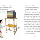 Links Text über das Nachahmen von Hüftbewegungen. Rechts Dialog über Sprachvermögen. Illustration: Junge wackelt vor TV.