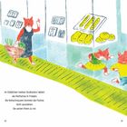 Texte beschreiben Fuchsprobleme in Stadt. Illustrationen zeigen Füchse fröhlich und geschäftig auf Straße.