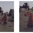 Kein Text. Eine Person in roter Kleidung auf gepflasterter Straße, Palmen im Hintergrund, Abendstimmung.