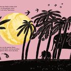 Text: "Der Mond tauchte den Wald in helles Licht..."; Illustration: Palmen, Mond, Vögel, Tiger, Elefanten.