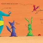 Eine Illustration mit einem türkisen Bären, einem blauen Fuchs, einem grünen Hasen und einem rosa Vogel, die sprechen.