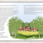 Eine Textseite mit viel Dialog. Unten eine Illustration von roten Häusern, umgeben von Bäumen und Wiese.