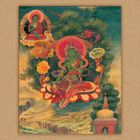 Beschreibung der Illustration: Eine grüne Figur sitzt inmitten von Blumen und Bäumen. Im Hintergrund Berge und eine rote Figur.